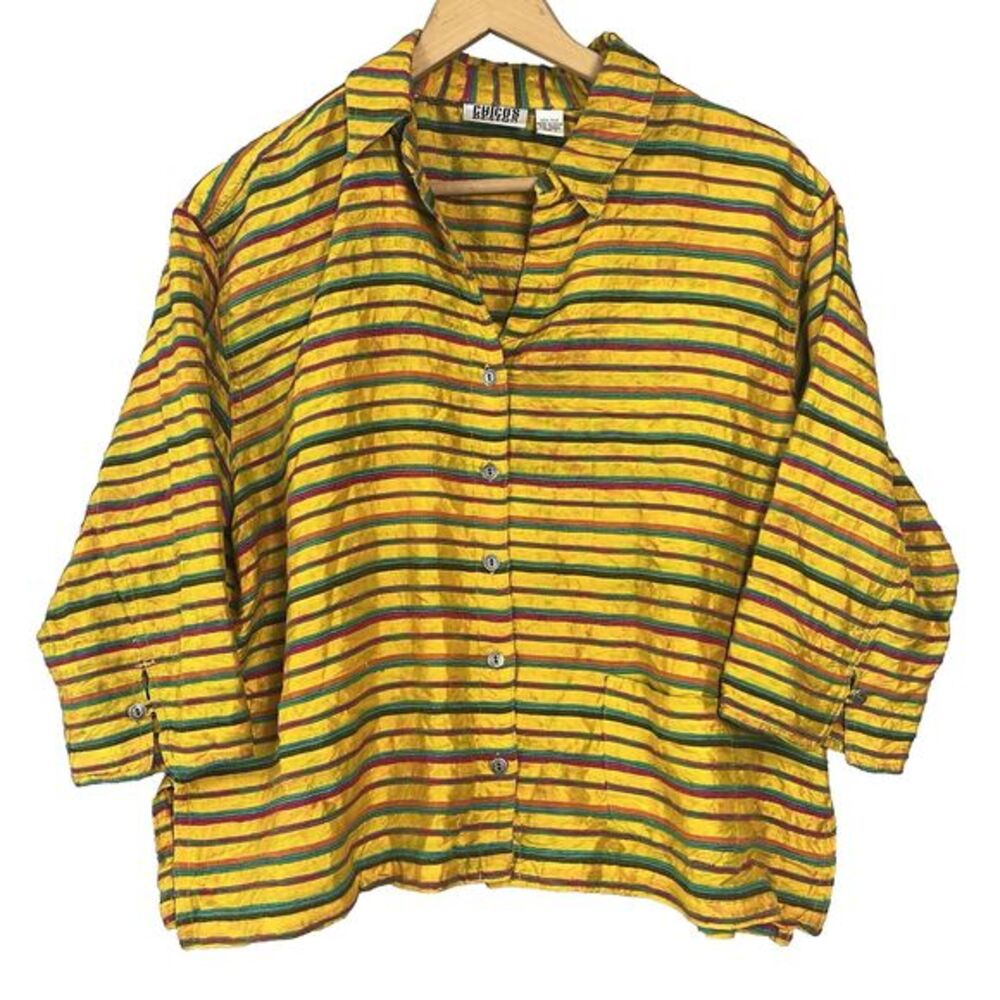 VTG Chicos Design 100% Silk Blouse 3 XL 16 Gold Pink Teal Button Up 3/4 Sleeve‎